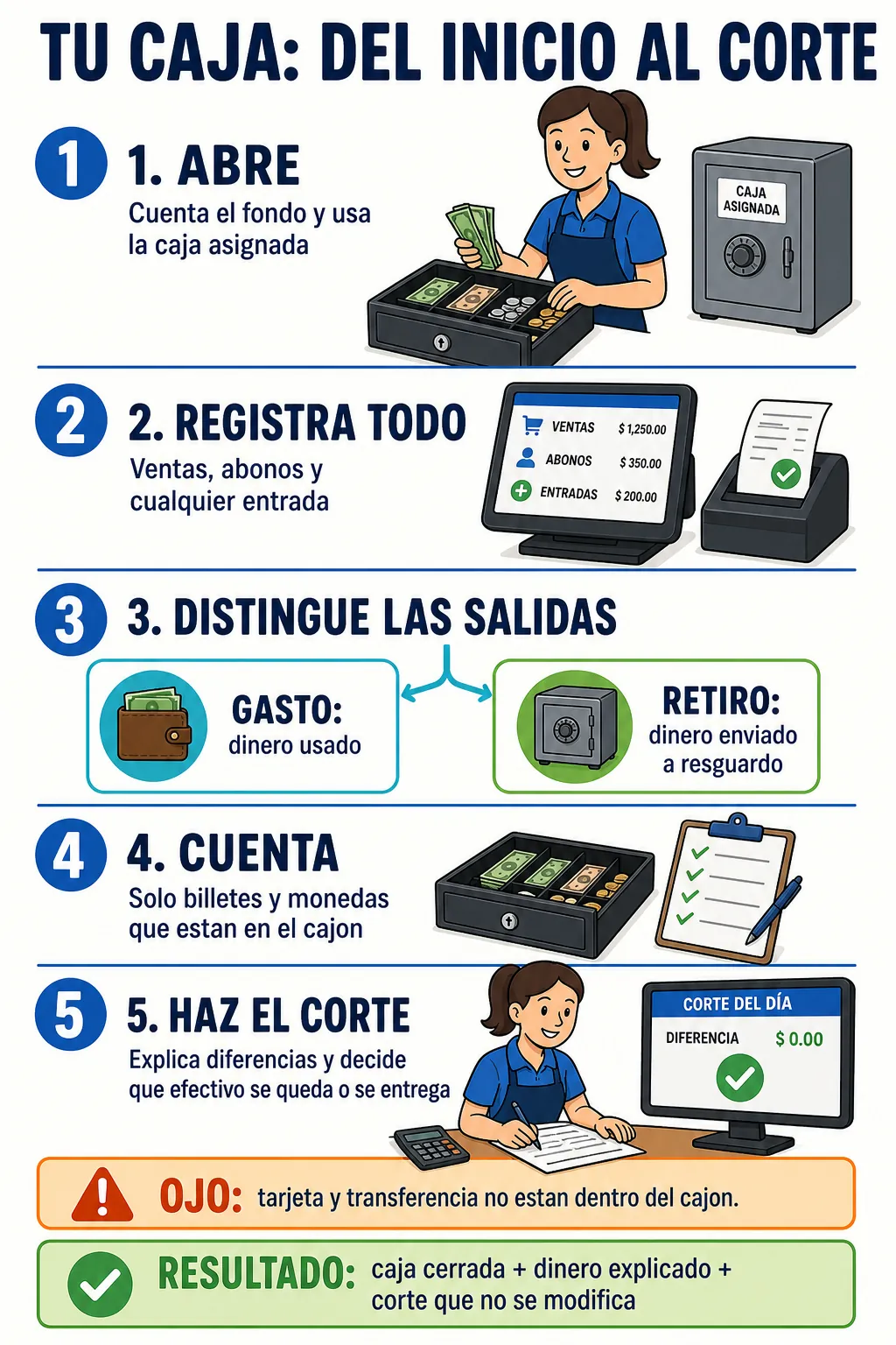 Flujo diario para abrir, operar, contar y cortar una caja