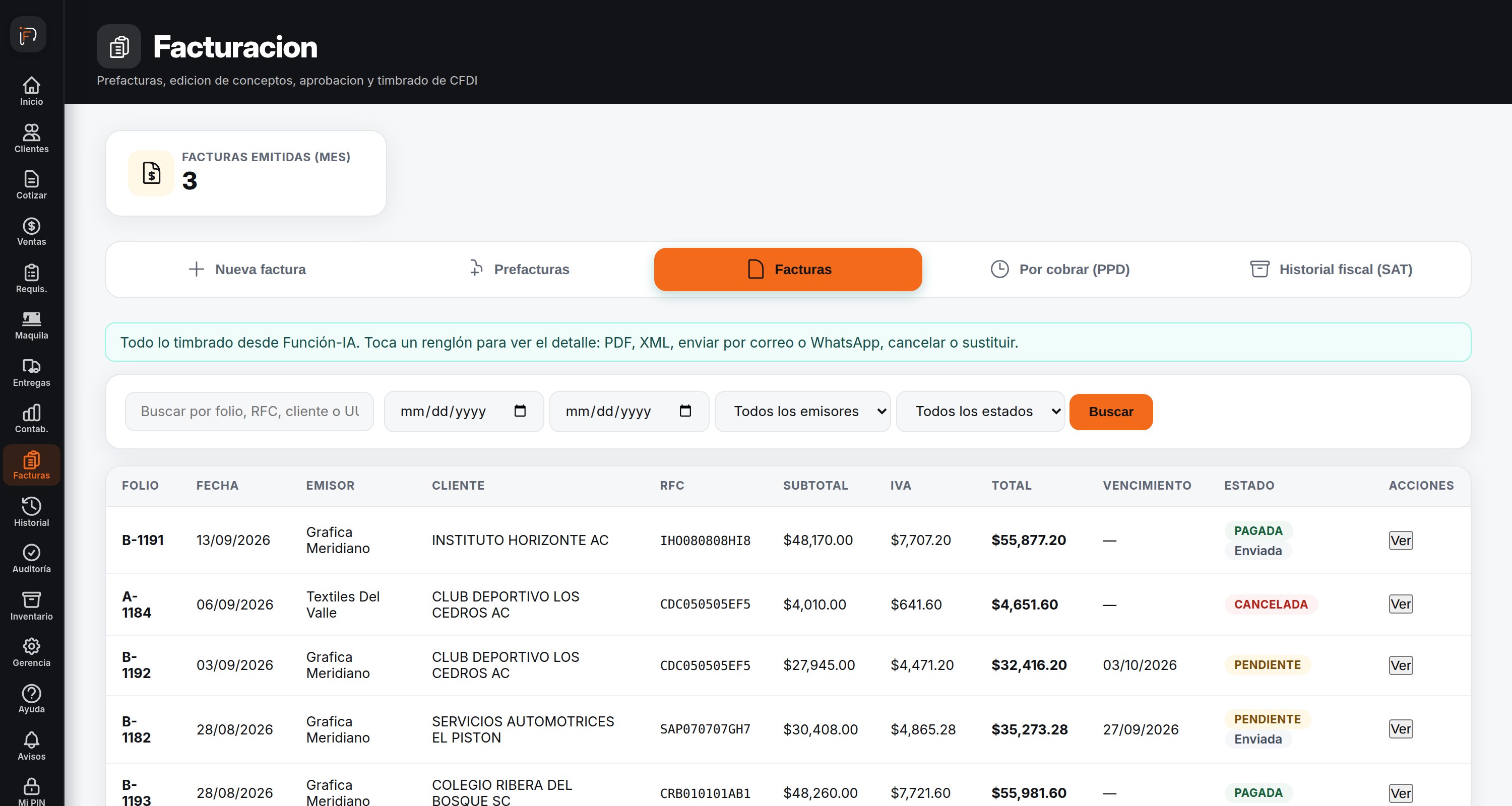 Listado de facturas timbradas con su folio fiscal, emisor, cliente, RFC, IVA, total y estado