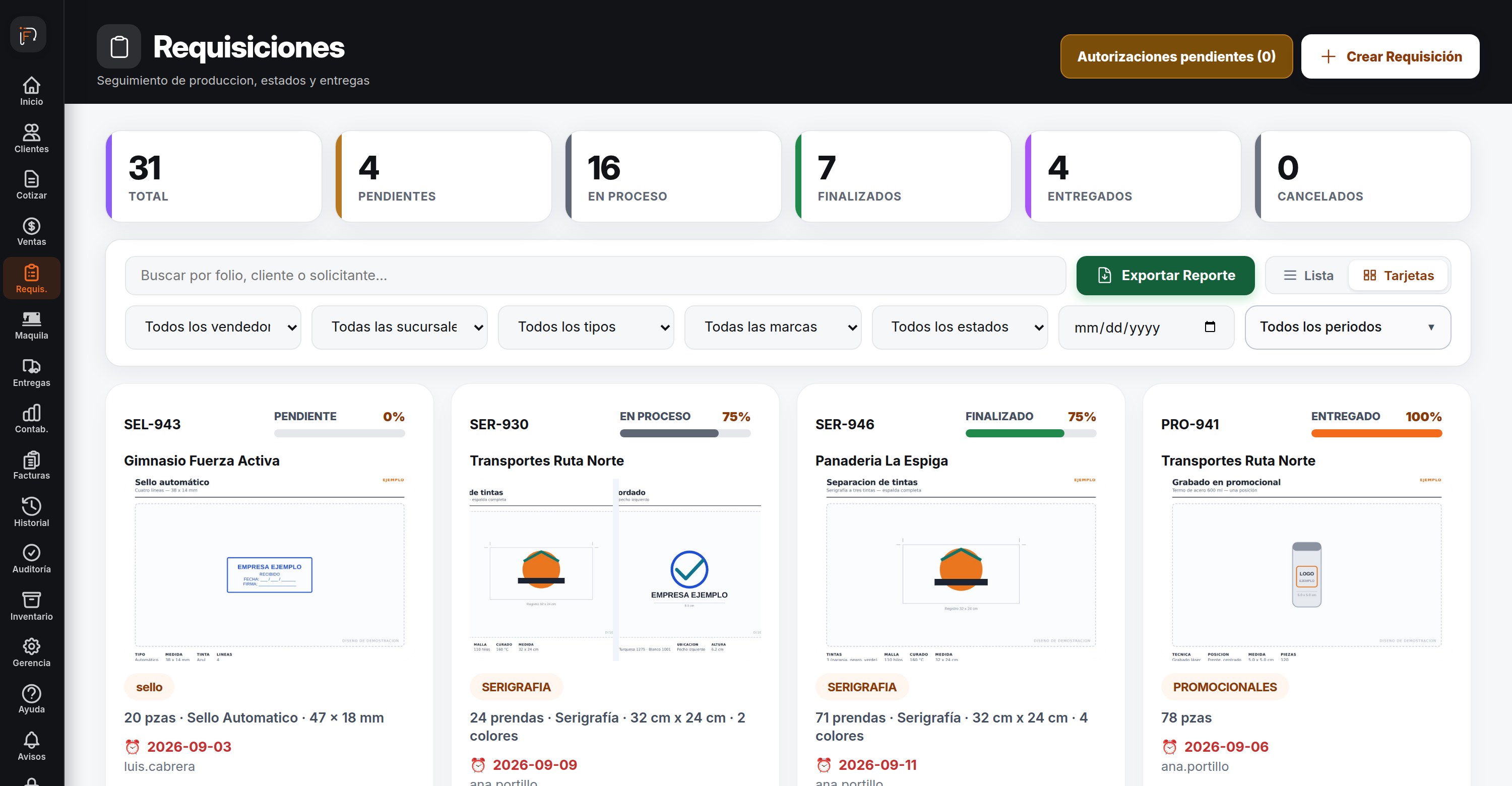 Tablero de requisiciones con contadores por estado y el listado de trabajos en producción