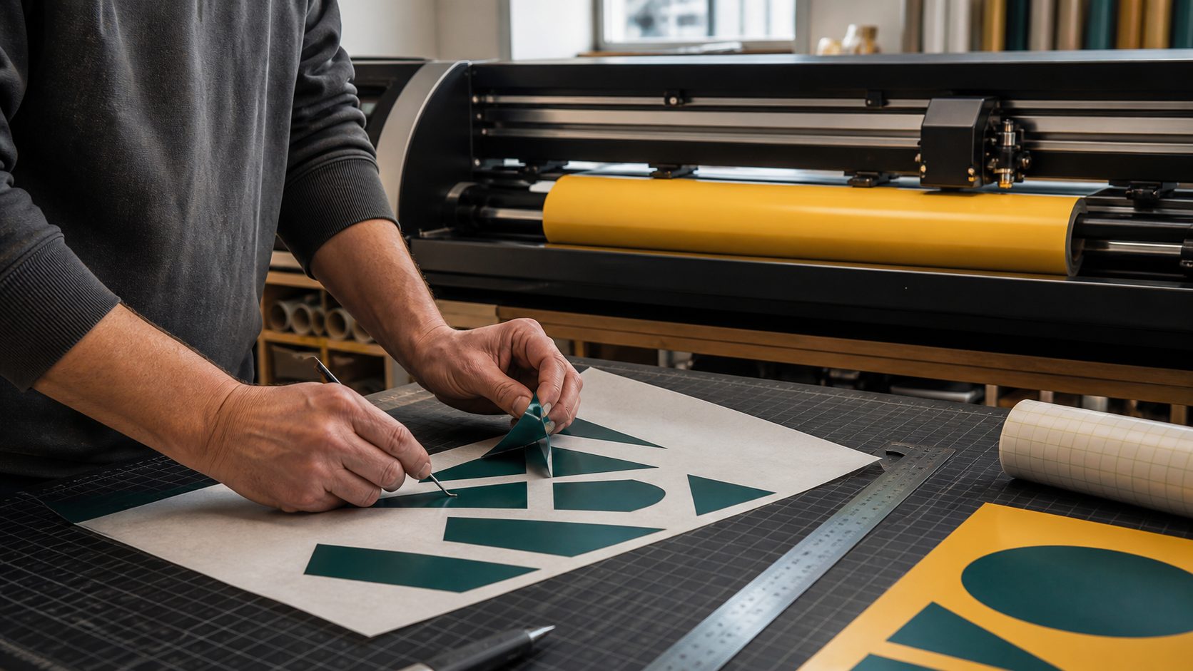 Depilando un corte de vinil sobre el tapete, junto al plotter de corte
