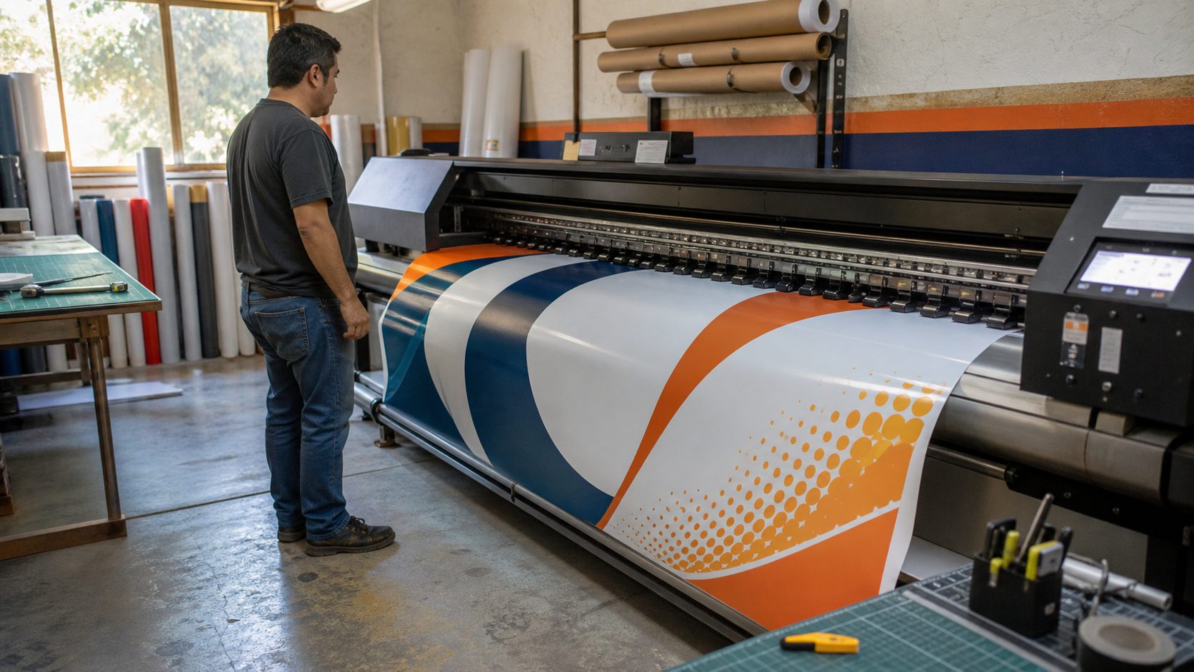 Plotter de gran formato imprimiendo un diseño sobre vinil, con los rollos de material al fondo