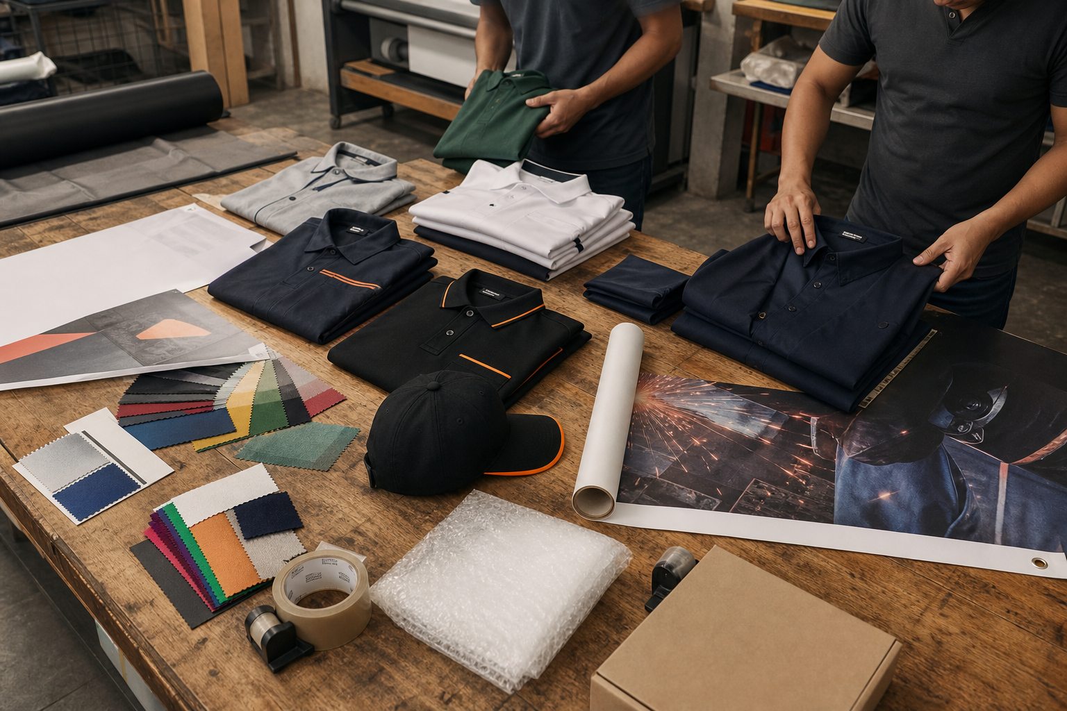Mesa de taller con lona impresa enrollada, gorra bordada, playeras y camisas dobladas, muestrarios de color y material de empaque